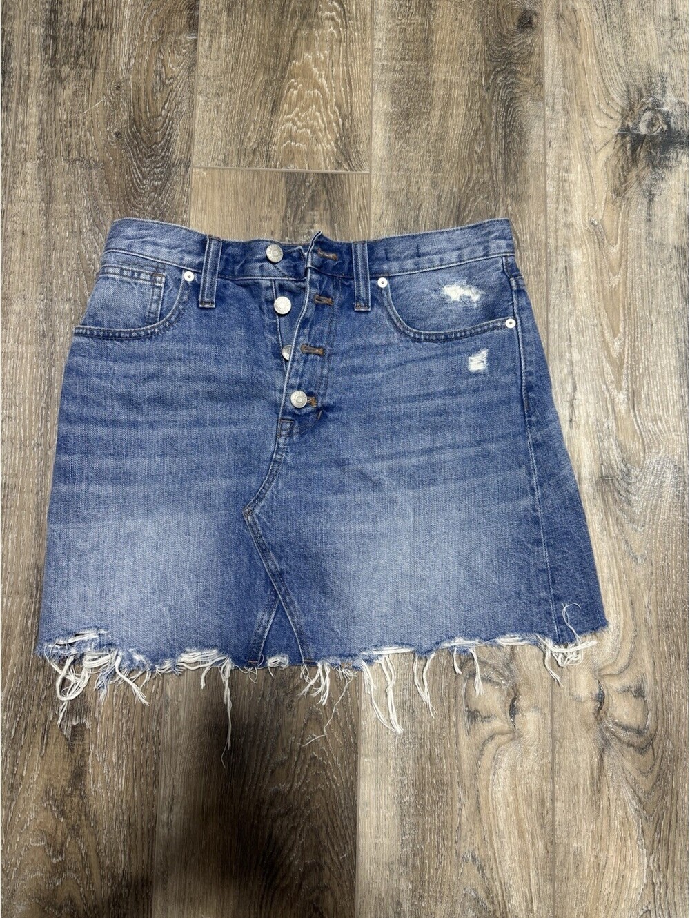 Madewell Rigid Denim A-Line Mini Skirt Button Front Fly Distressed 28
